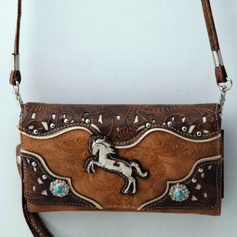 Horse Wallet Tooled Western Crossbody Wristlet Clutch  Small Purse Equestrian